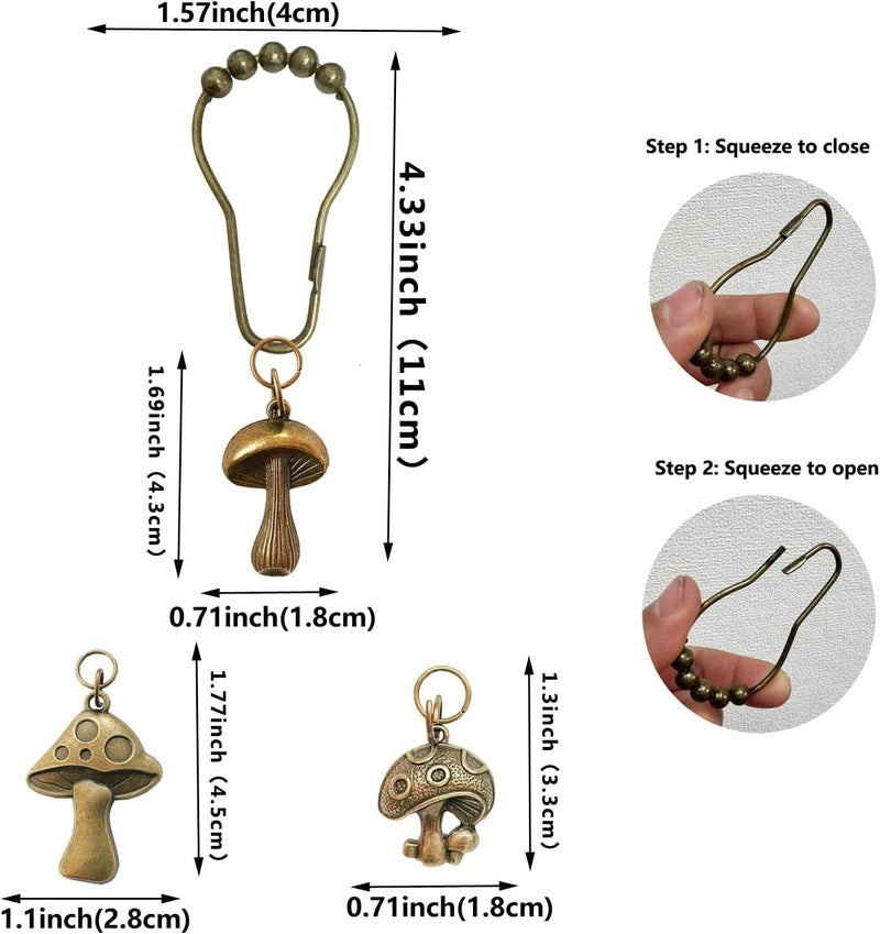 Daxingbu Mushroom Shower Curtain Hooks, 12Pcs Rustproof Metal Cute Retro Mushroom Shower Curtain Hooks Rings for Boho Fairy Forest Country Cottagecore Style Home Bathroom Decor (Set-Bronze) - Image 3